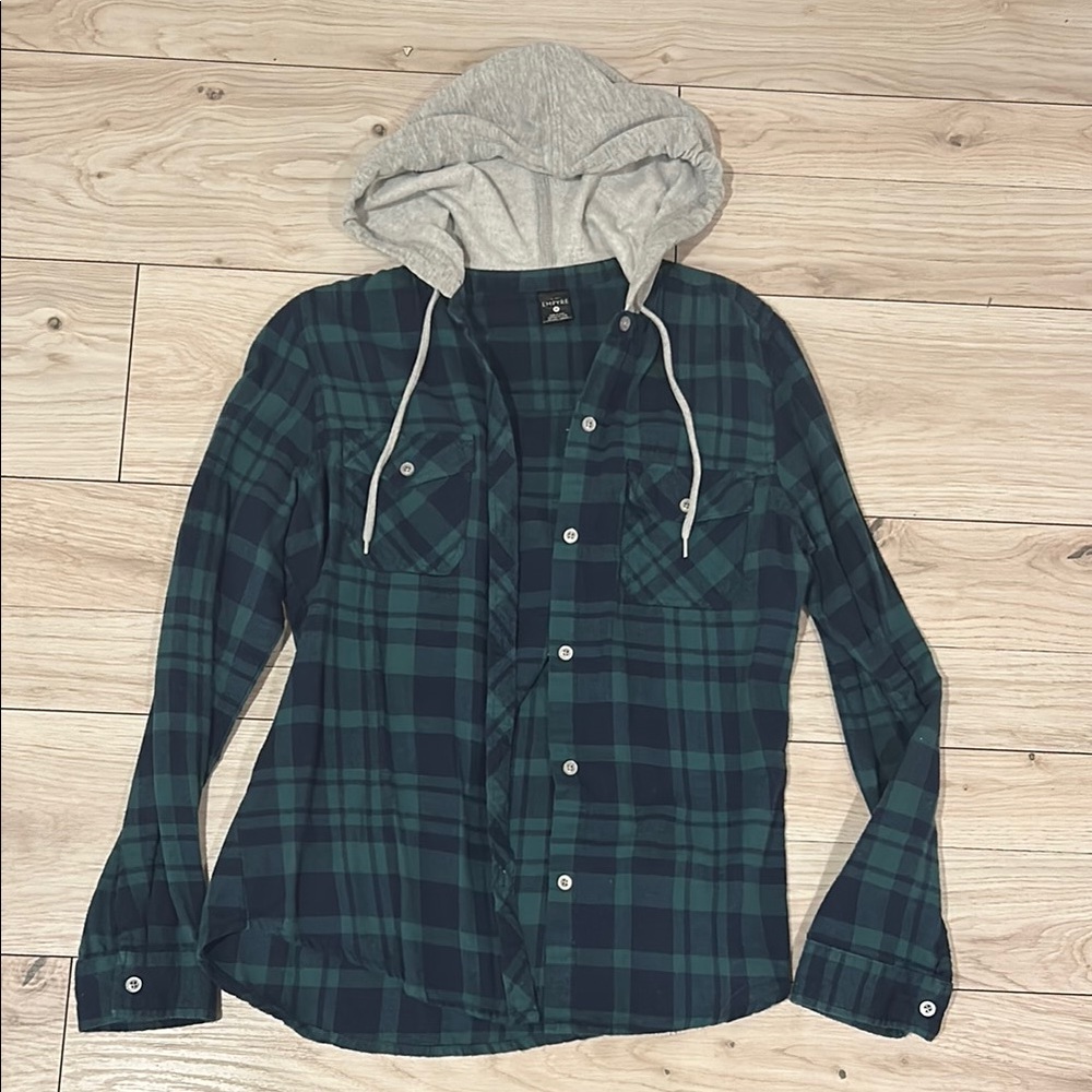 Green Plaid Hooded Shirt